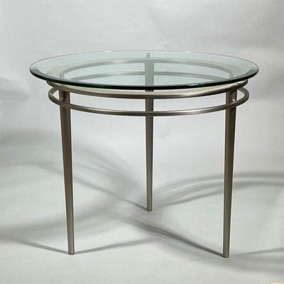 BRUSHED METAL & GLASS SIDE TABLE | h. 23 x dia. 28 in