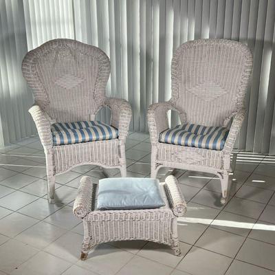 (3PC) PAIR OF WICKER ROCKING CHAIRS AND OTTOMAN | Ottoman 25x16x14 - l. 35 x w. 29 x h. 45 in (length to back of rocker legs)
