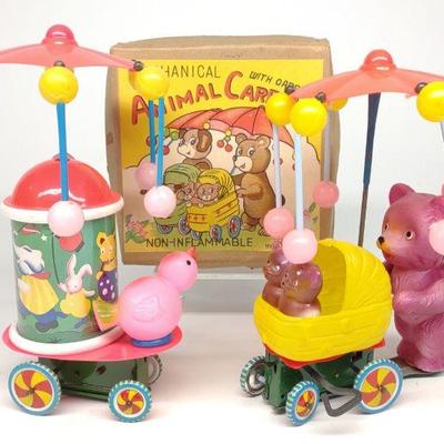 2 Celluloid Japan Animal Carriage Wind-Up Toys