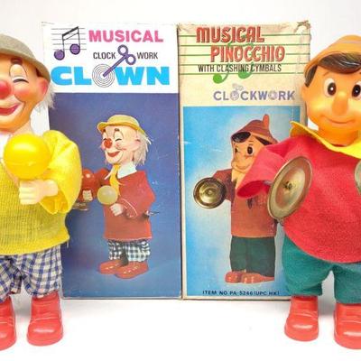 Wind-Up Musical Pinocchio & Clown Toys w/ Box