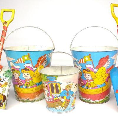 5 Ohio Art Tin Litho Sand Pails & Shovels