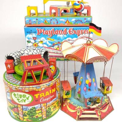 3 Contemporary Tin Wind-Up Carnival Ride Toys