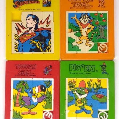 4 Vintage 1970s Slide Puzzle Toys (DC & Kelloggs)