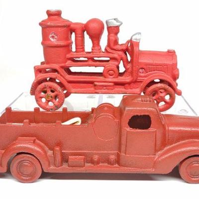 2 Vintage Cast Iron Fire Truck & Pumper Truck