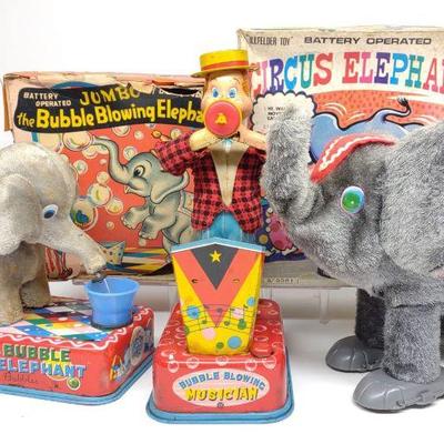 3 Japan Battery Op Elephant & Bubble Blowing Toys