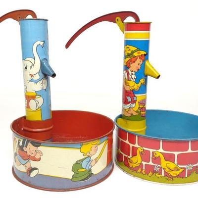 2 Ohio Art Tin Litho Water Pump Sand Toys