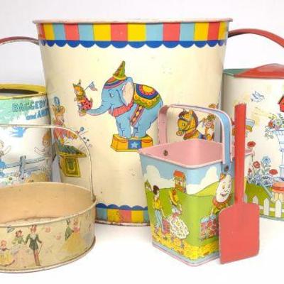 6 Pc Vintage Tin Litho Water Cans & Sand Toys