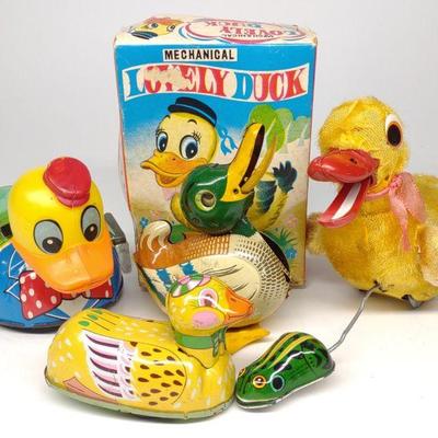 4 Japan Tin Wind-Up Duck Toys