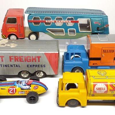 5 Japan Tin Friction Toy Advertising Trucks