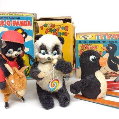 3 Japan Wind-Up Bear & Skier Toys w/ Boxes