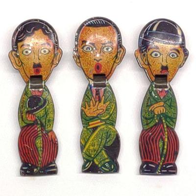 3 Antique Charlie Chaplin Tin Japan Whistles