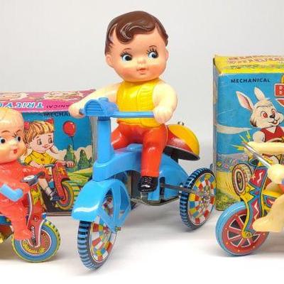 3 Japan Wind-Up Tricycle Toys (2 w/ boxes)