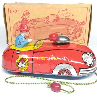 T. Cohn Tin Litho #34 Metal Fire Chief Toy w/ Box