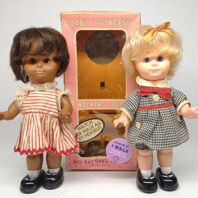 2 Vintage vMego Wind-Up Walking Baby Dolls