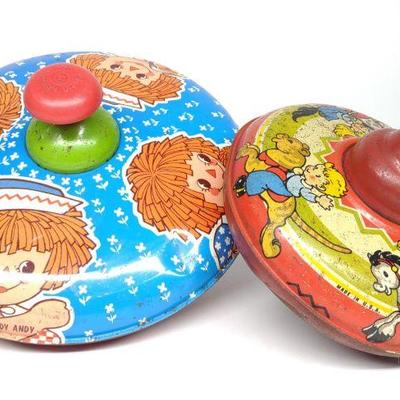 2 Large Tin Litho Spinning Tops
