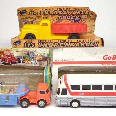 3 Vintage Toy Trucks & Bus w/ Boxes