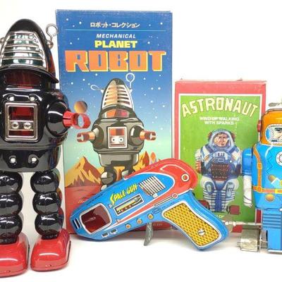 2 Modern Tin Wind-Up Robot Toys & Tin Space Gun
