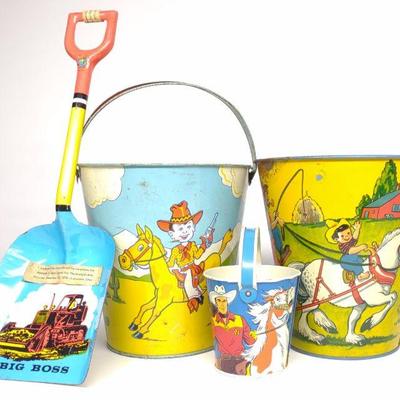 4 Western Tin Litho Sant Pails, Buckets & Shovel