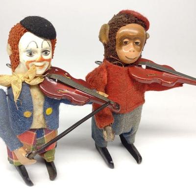 2 Schuco Wind-Up Clown & Monkey Violinist Toys