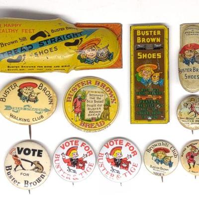 11 Buster Brown Pinback Buttons & Tin Toys