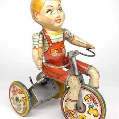 Unique Art Kiddy Cyclist Wind-Up Tin Litho Toy