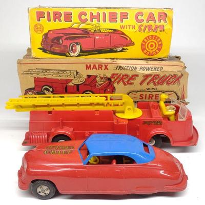 2 Marx Fire Chief Car & Fire Truck Friction Toys