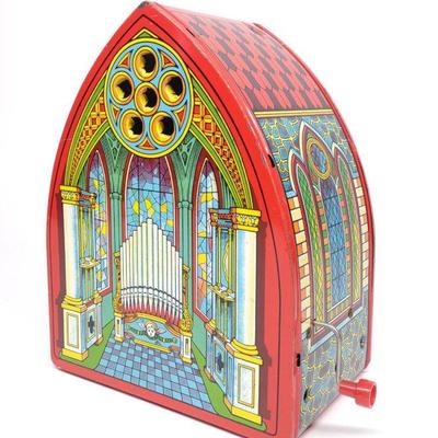 J Chein Wind-Up Musical Cathedral Tin Toy