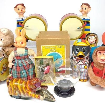 9 Japan Wind-Up Toys & Fish Bowl Toy