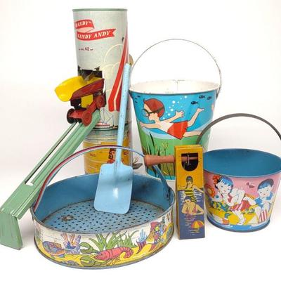 6 Vintage Tin Litho Sand Pails & Beach Toys