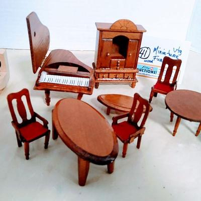 Vtg Miniature Doll House Furniture Piano, Tables, Chairs
