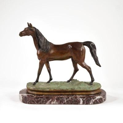 AFTER P.J. MENE BRONZE HORSE SCULPTURE | Showing a horse standing four-square on a patinated plinth - l. 10 x w. 5 x h. 9 in. (overall...