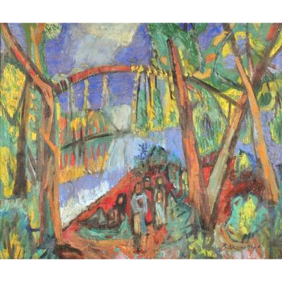 BRUNO KRAUSKOPF (1892-1960) | untitled oil on canvas. 29 x 35 in. stretcher. showing figures in a colorful wooded landscape, signed lower...