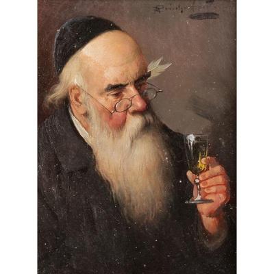 ALOIS HEINRICH PRIECHENFRIED (1867-1953) | Rabbi with a glass of wine. Oil. Signed upper right In a gilt cove frame with artist's plaque....