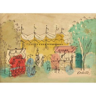 CHARLES COBELLE (1902-1998) | Carnival scene showing figures before a big tent. Oil on canvas mounted on board. 12.75 x 16.5 in., board -...