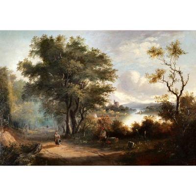 BRITISH SCHOOL (20TH CENTURY) | A walk in the park. Oil on canvas. 18 in. x 26 in. Riverside scene with boats and figures on a pathway,...