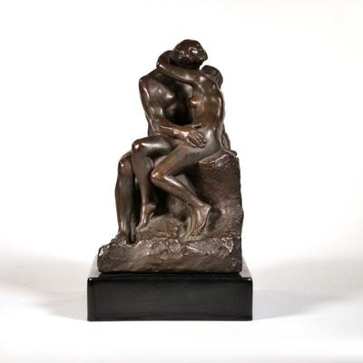 ALVA STUDIOS F. BARBEDIENNE BRONZE | Couple kissing. After Rodin, Ferdinand Barbedienne foundry, on a ceramic plinth, with dedication by...