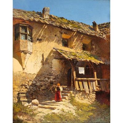 FERDINAND BRUNNER (1870-1945) | untitled luminous scene of a woman before a building. Oil on canvas. Signed lower left and dated 1890....