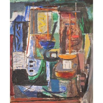 MORRIS DAVIDSON (1898-1979) | Abstract scene with boats. Oil on canvas. Signed and dated 50 upper left. 22 x 18 in., stretcher. W. 28 x...