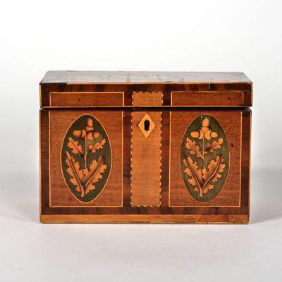 FANCY INLAID TEA CADDY | 19th Century The lid having an inlaid shell within contrasting wood borders, the front with barber pole inlay...
