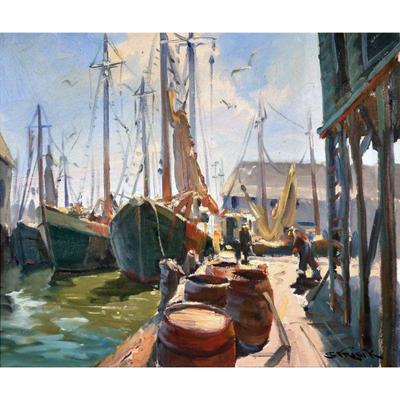 PAUL STRISIK (ROCKPORT, MA., 1918-1998) | Gloucester Wharfs. Oil on canvas . 20 x 24 in. stretcher Signed lower, right, signed, titled on...