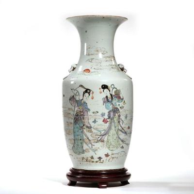 ANTIQUE CHINESE VASE | Showing two female figures, with lions' heads on sides, calligraphy on backside, no markings on the bottom; on a...
