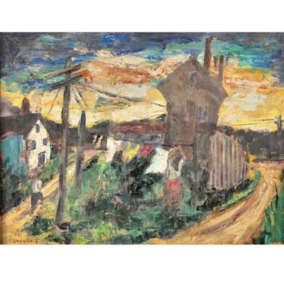 HARRY SHOULBERG (1903-1995) | sunset view. Oil on canvas. Showing a woman hanging clothes among houses before a colorful sky. Signed...