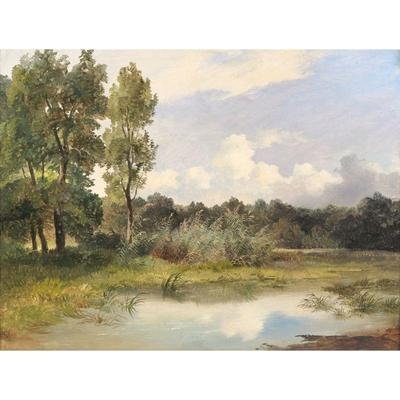 FRIEDRICH GAUERMANN (1807-1862) | Pond scene oil on paper. 12 x 16.25 in., sight depicting trees and a cloudy sky before a pond. Signed...