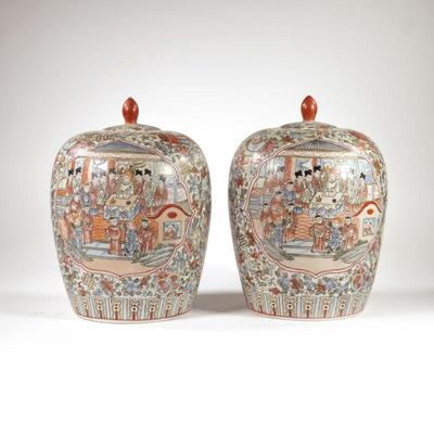 PAIR CHINESE GINGER JARS | Each extensively decorated with scenes - h. 12.5 x dia. 9.5 in. (each)
