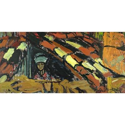 DAVID HERSKOVITZ (B. 1925) | untitled. oil on canvas 50 x 25 in (approx). signed lower right and with Roman numerals. w. 56.5 x h. 31 in....