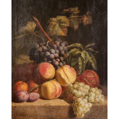 JACQUES DELANOY (1820-1890) | Still life with grapes and peaches. Oil on canvas. 22 x 18 in. Signed lower left and dated 1876 - w. 21.5 x...