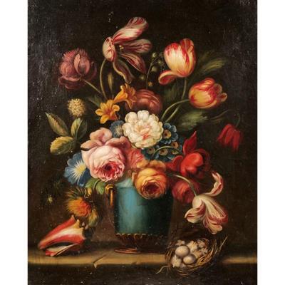 DUTCH/FLEMISH SCHOOL | Still life with flowers, bird's nest, and conch shell. Oil on canvas. No apparent signature. 20 x 24 in. - w....