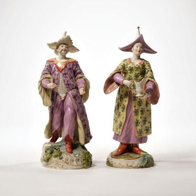 (2pc) FRANKENTHAL PORCELAIN FIGURES | 20th century, Chinoiserie porcelain figures, one depicting a lady holding a jug and the other...