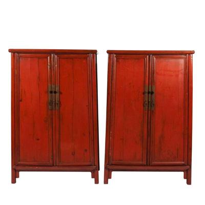 (2pc) PAIR CHINESE RED LACQUER CABINETS | double cabinet doors, tapering form, brass hardware - l. 40 x w. 20 x h. 60 in. (each)
