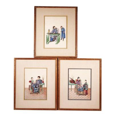 (3pc) CHINESE ANCESTRAL PORTRAITS | Painted on rice paper, including a man and a woman in imperial armchairs with attendants (sight 10.5...